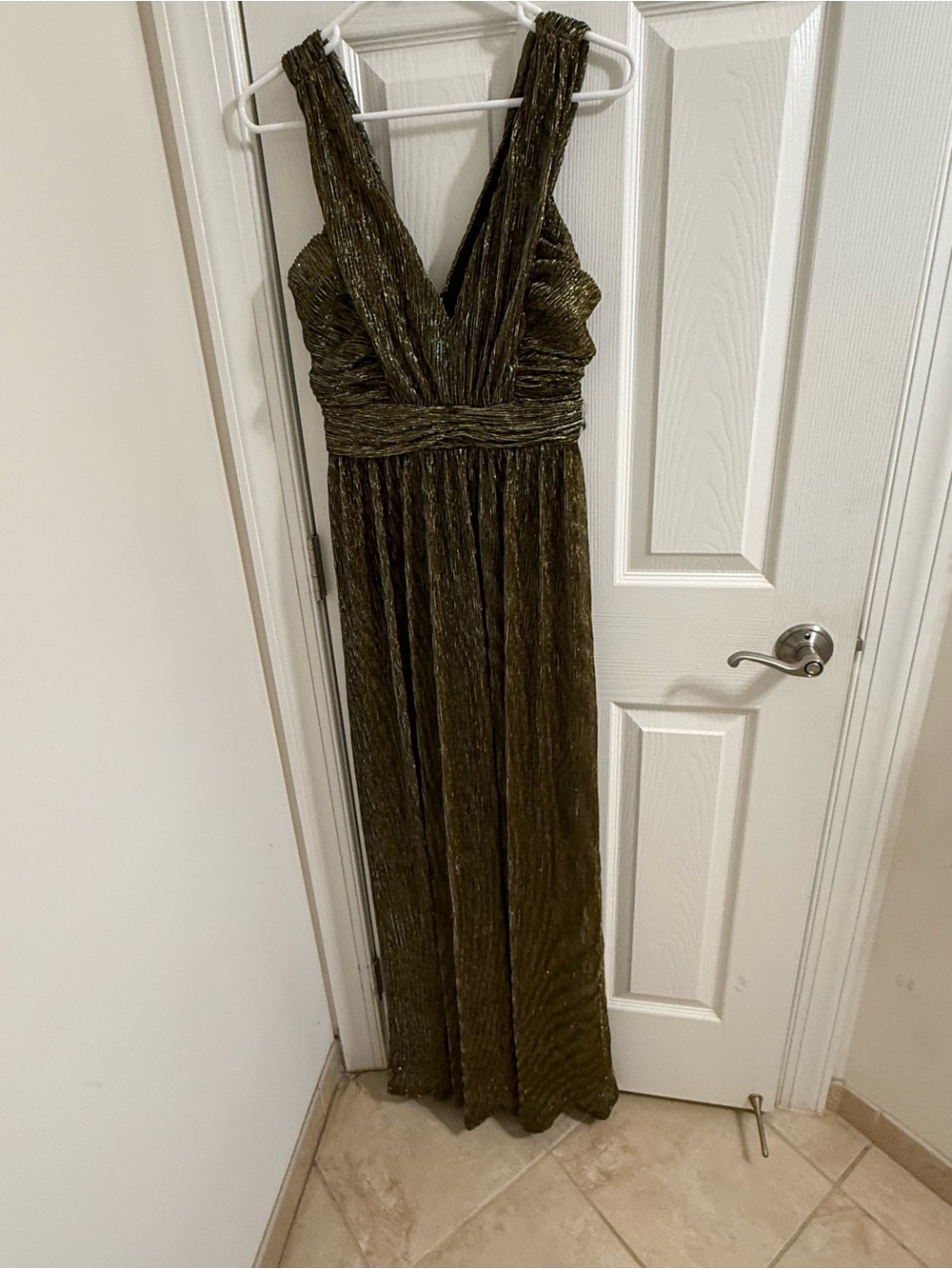 Lulu's Olive Metallic Deep V Maxi Dress